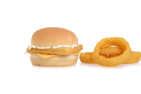 fillet fish sandwich with onion ringsの写真素材