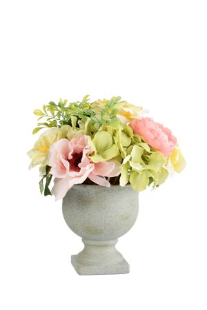 flower pot bouquet with yellow and pink rosesの写真素材