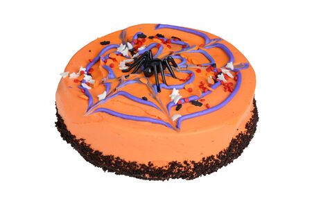 closeup orange Halloween cake with spider isolatedの写真素材