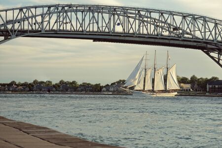 bluewater bridge with tall ship in Sarnia ontario canadaの写真素材