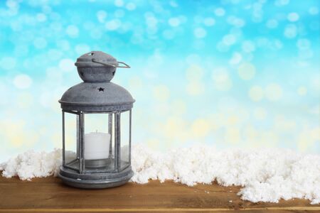 christmas background with lantern and snowの写真素材