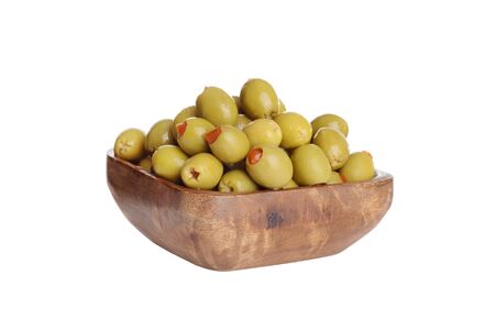 isolated wood bowl of pimento green olivesの写真素材