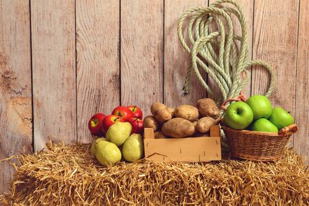 apples pears and potatoes on hay baleの写真素材