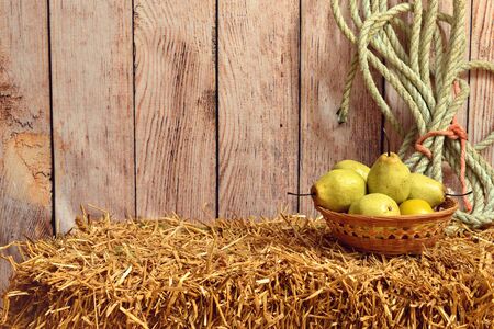 basket of green pears on hay baleの写真素材