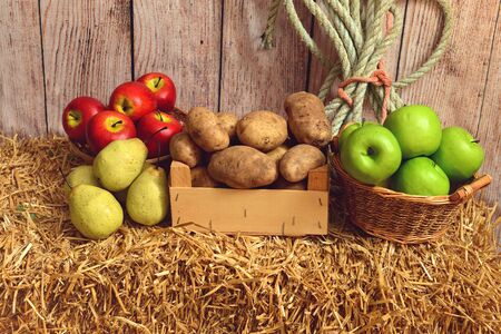 closeup crop of potatoes apples and pears on hay bale in a barnの写真素材