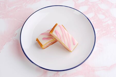 top view two english angel cake slicesの写真素材