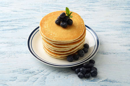 high angle blueberry pancakes on a plateの写真素材