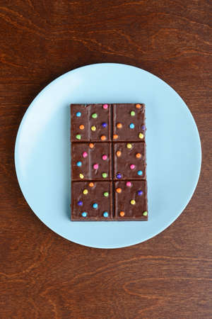 top view chocolate fudge brownies with candy