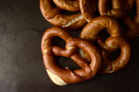 high angle view baked soft pretzelsの写真素材