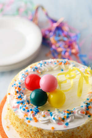 closeup of vanilla birthday cakeの写真素材
