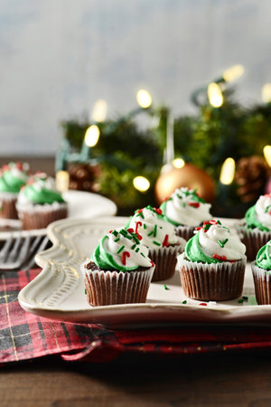 closeup christmas chocolate mini cupcakesの写真素材