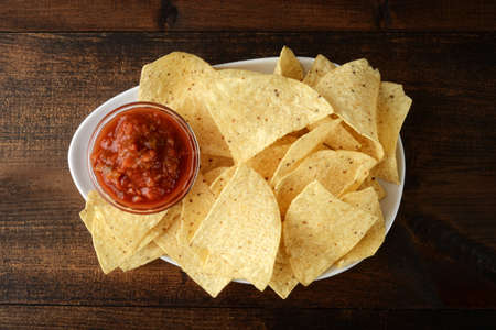 high angle view salsa nachos