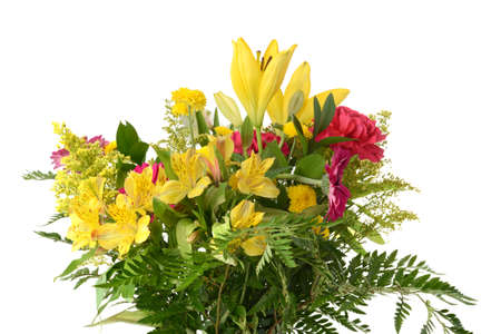 closeup assorted flower arrangement on whiteの写真素材