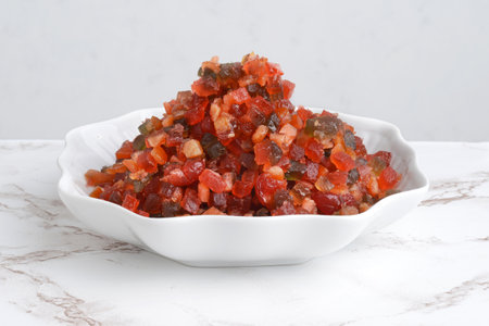 closeup bowl of mixed glace candied fruitの写真素材