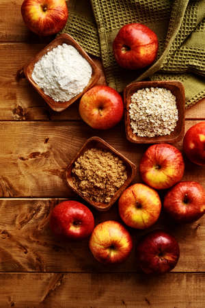 high angle view gala apples with ingredientsの写真素材