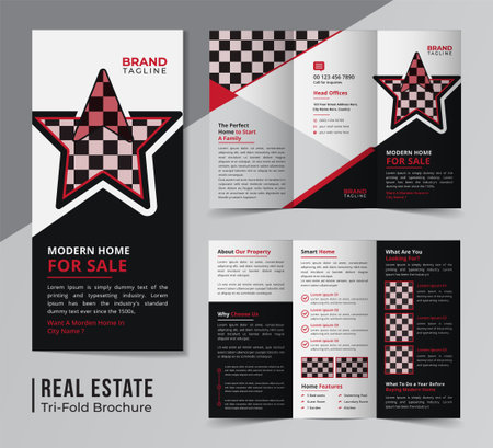 Corporate real estate and home apartment trifold brochure template design, horizontal trifold business brochure design with A4 size layoutのイラスト素材