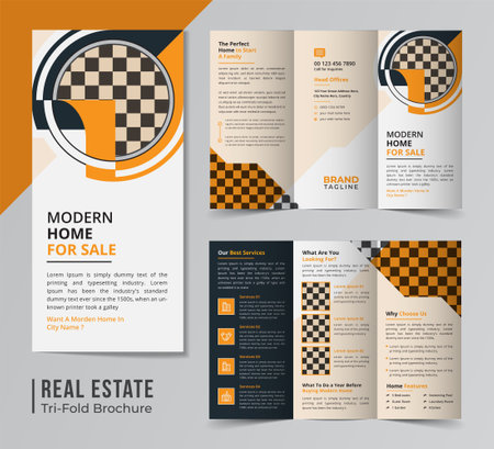 Corporate real estate and home apartment trifold brochure template design, horizontal trifold business brochure design with A4 size layoutのイラスト素材