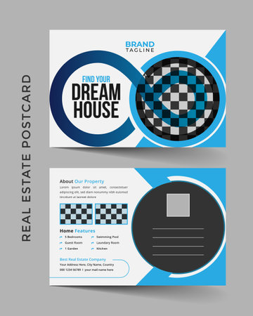 Corporate real estate postcard template design in vector, business real estate and home apartment agency postcard layoutのイラスト素材