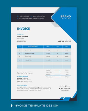 Creative and modern business invoice design with price receipt, payment agreement, invoice bill, accounting and bill receipt template layout in vectorのイラスト素材