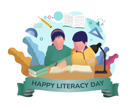 People celebrate international literacy day and happy student day by reading books. Flat vector illustration designのイラスト素材