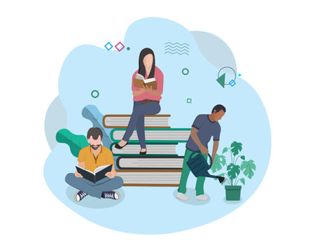 People celebrate international literacy day and happy student day by reading books. Flat vector illustration designのイラスト素材