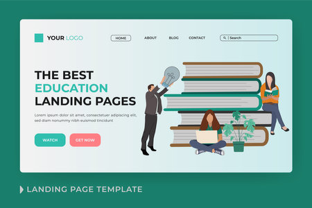 Online education flat vector landing page template and people working on computers and reading books and sitting on a pile of books. Flat vector illustration websites landing pageのイラスト素材