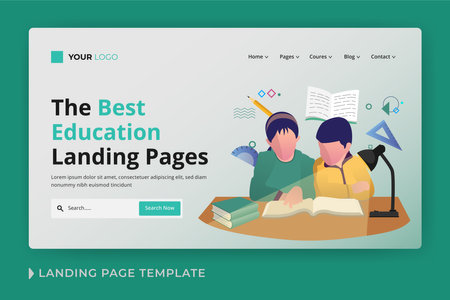 Online education flat vector landing page template and people working on computers and reading books and sitting on a pile of books. Flat vector illustration websites landing pageのイラスト素材