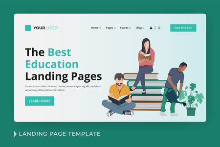 Online education flat vector landing page template and people working on computers and reading books and sitting on a pile of books. Flat vector illustration websites landing pageのイラスト素材