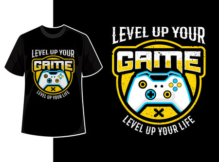 Gaming quote t shirt design or level up your game level up your life typography gamer t shirt template with creative motivation text and vector shapeのイラスト素材