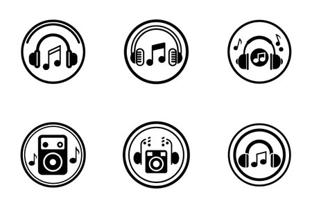 Music icons set. Music player, headphones, note, speaker, microphone, headphone, mixer, speaker, speaker, radio, audio, mp3 playerのイラスト素材