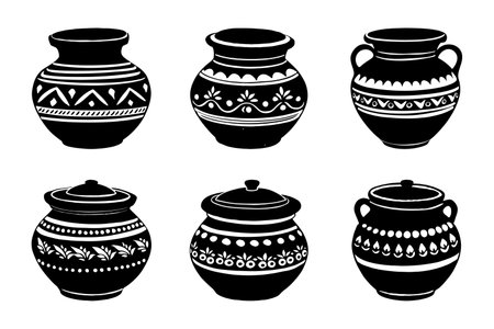 Set of ceramic pots. Vector illustration in black and white colors.のイラスト素材