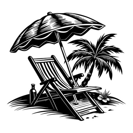 Beach chair with umbrella and palm tree. Black and white vector illustration.のイラスト素材