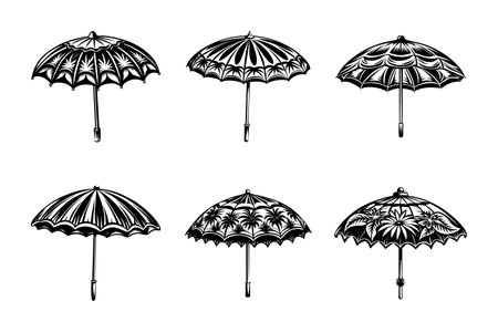 Umbrella set. Black and white vector illustration isolated on white background.のイラスト素材