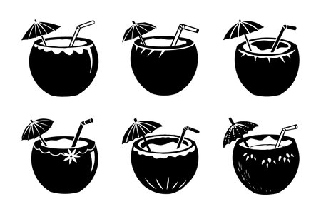 Coconut cocktail icons set. Vector illustration in black and whiteのイラスト素材