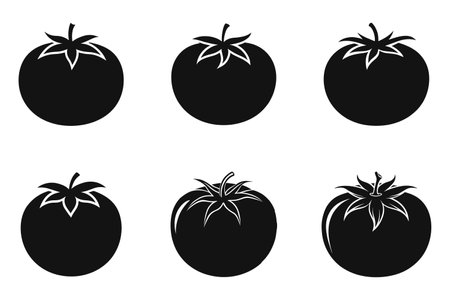 A collection of tomato outline silhouette with flat vector illustration. Tomato icons set. Isolated on white background. Vector illustration.のイラスト素材
