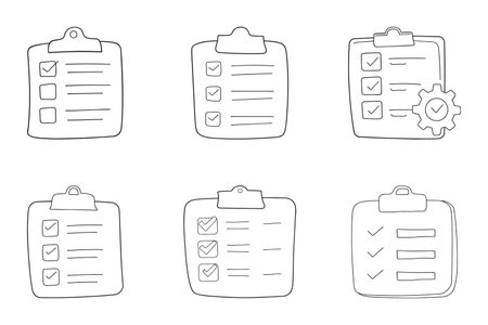 A set of checklist and clipboard task icon set outline silhouette icons on a white background. Clipboard icon set. Checklist icon vector. Checklist vector iconのイラスト素材