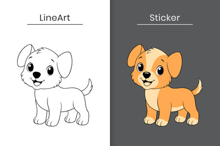 A cute puppy outline and sticker cartoon vector. Cute baby dog flat illustration	. Coloring book for children: cute cartoon dog. Vector illustration.のイラスト素材