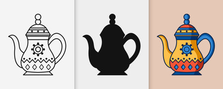 Arabic tea pot kettle outline and silhouette icon set with isolated flat vector illustration for eid celebrationのイラスト素材