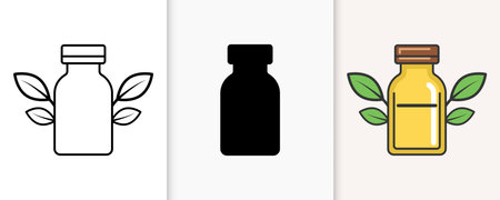 Set of three essential oil bottle icons natural botanical leaf designs for wellnessのイラスト素材