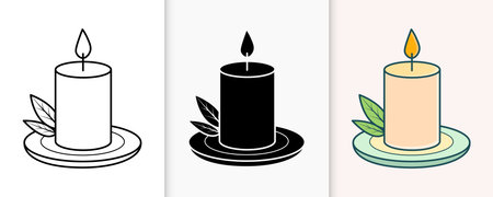 A triptych showcasing three distinct styles of a lit candle on a plate with decorative leaves. Includes a line art sketch, a solid silhouette, and a colored version, perfect for spa and wellness themes.のイラスト素材