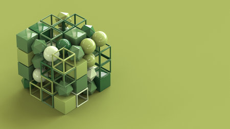 Abstract 3d rendering of geometric composition, cubes in green background.