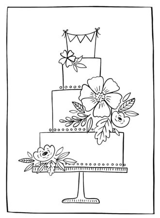 Wedding cake hand drawn vector illustration. Linear black and white cake with floral decoration and bunting banner on a stand.のイラスト素材