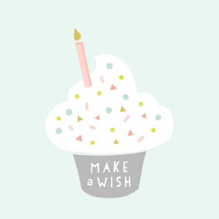 Birthday greeting card. Cupcake with a candle and sprinkles in pastel colors. Make a wish. First birthday vector poster. Cute illustration.のイラスト素材
