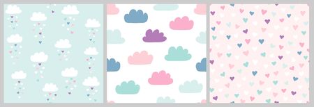 Cute scandinavian pattern set with clouds and hearts. Vector seamless background for Valentines day with clouds and heart rain. Illustration for babies, kids.のイラスト素材