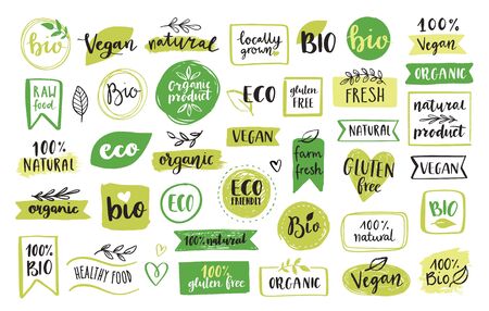 Organic food, eco, vegan and natural product icons and elements set for food market, ecommerce, organic products packaging, healthy life promotion, restaurant. Hand drawn vector design elements.のイラスト素材
