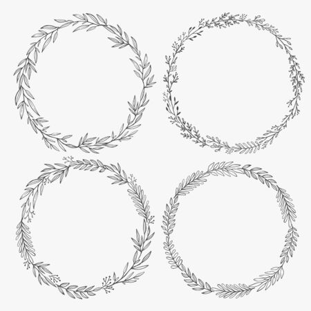 Hand drawn vector wreath. Floral circle frame design element for invitations, greeting cards, posters, blogs. Delicate branches and leaves.のイラスト素材