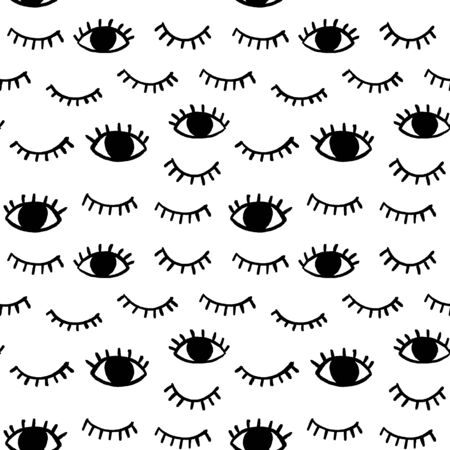 Vector pattern with hand drawn eyes doodles. Trendy seamless background with opened and winking or closed eyes.のイラスト素材