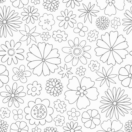 Doodle floral vector pattern. Spring seamless background with linear hand drawn flowers.のイラスト素材