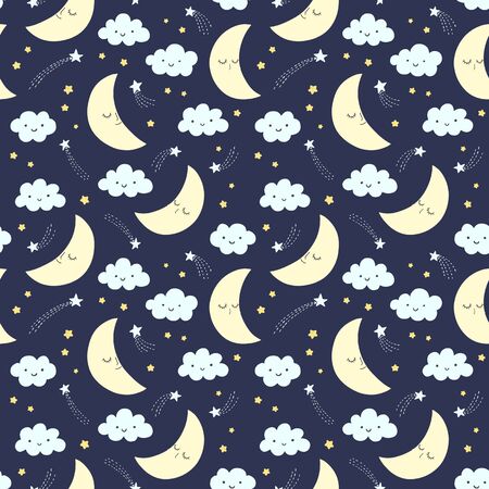 Hand drawn night sky vector pattern with smiling moon, stars and clouds on a darkのイラスト素材