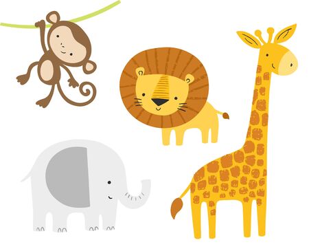 Cute jungle animals set. Vector cartoon baby lion, elephant, giraffe, monkey. Kids graphics, art, posters.のイラスト素材